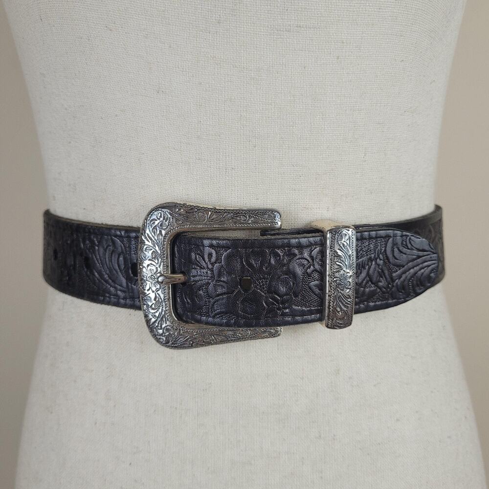 Vintage Liz Claiborne Belt XL Black Leather Tooled‎ Western Floral Cowgirl Boho